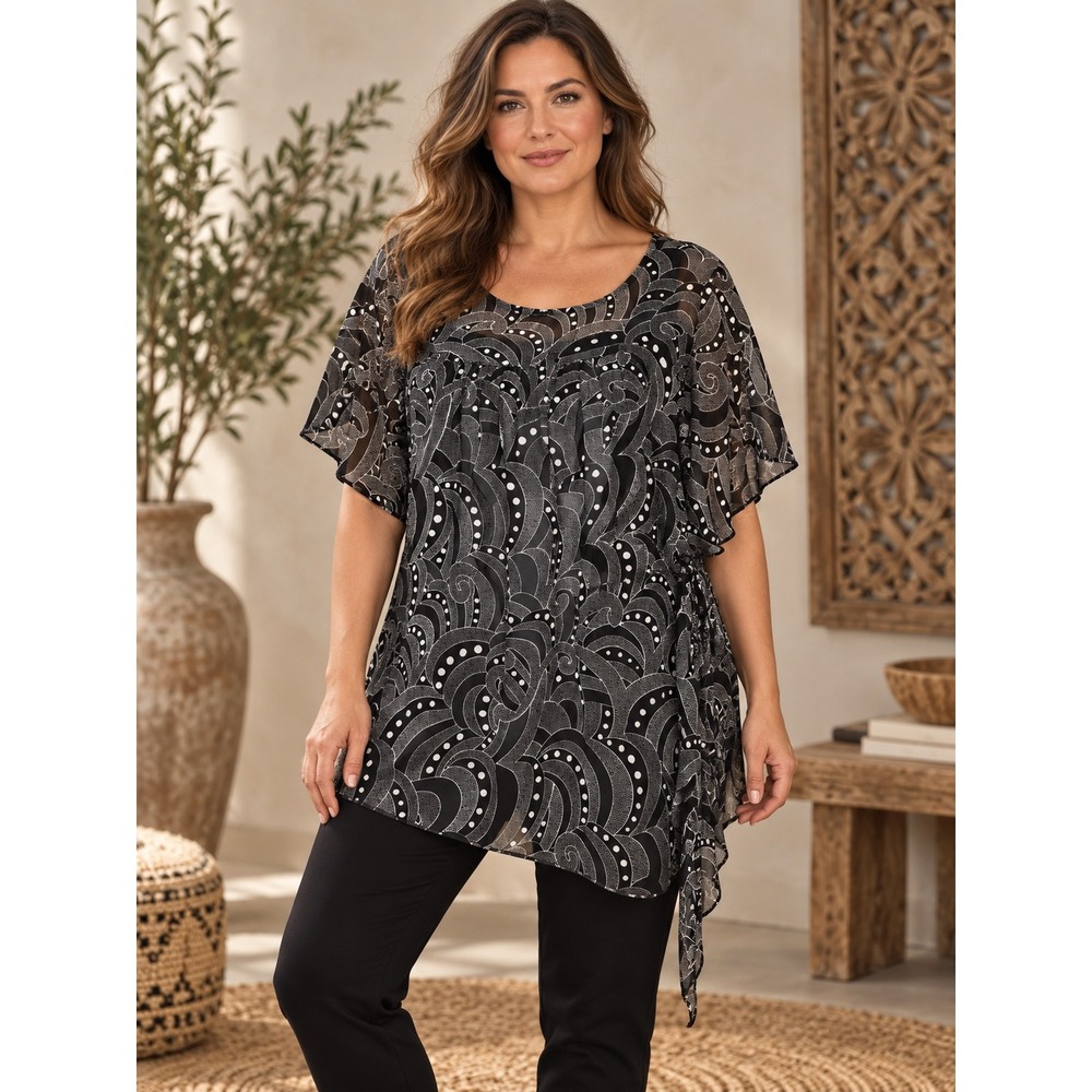 Wrapper Paisley Sheer Tunic Top Women Large Black White Boho Flutter Sleeve